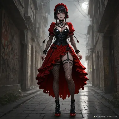 Goth-punk reimagining of Dorothy Gale from The Wonderful Wizard of Oz. Pale skin, edgy dark makeup with heavy eyeliner, black lipstick, and a bold rebellious smirk, large bimbo breasts. Jet black hair with streaks of crimson or violet, styled into messy braids tied with leather straps. Wearing a punk version of her dress, torn black-and-red plaid with corset lacing, fishnet sleeves, and ripped stockings. Blood-red studded platform shoes glowing faintly with arcane energy. Black spiked choker and wristbands as accessories. Standing on a cracked yellow brick road, neon-green glow of a sinister Emerald City on the horizon, graffiti scrawled across broken Oz signs. Ultra-realistic gothic punk fantasy art, highly detailed, cinematic neon-and-shadow lighting, atmosphere of rebellion, danger, and dark charisma.