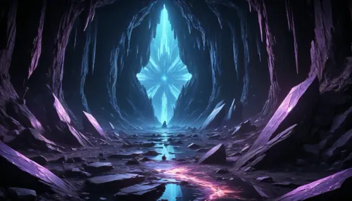 detailed depiction of fractured time and shimmering echoes of this otherworldly dimension. The scene is a chaotic jumble of massive crystalline shards and floating debris, all illuminated under a harsh UV blacklight. Every surface acts as a dark mirror, creating an infinite regression of glowing reflections and temporal afterimages. I hope this image provides a clearer sense of the complex and beautiful environment Kael navigated in our story.