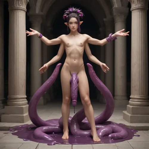 elf femboy, extremly pale skin, bone spikes growing out of skin, glowing eyes, red eyes, dark purple penis, huge penis, huge spikes on penis, mutated penis, full body, black sclera, muscular, muscular femboy, side shave, black hair, purple highlights, towering tall femboy, textured penis, mysterious purple haze, penis tentacles, erect penis, standing in a puddle of purple goo, tentacles growing out of the purple goo, reaching out to viewer with one hand, tentacles stretching towards viewer, they are about to fuck every hole in the viewers body, they will fuck viewer to the point his holes are permanently stretched, covered in slime, tentacles coiling around arms and legs, ancient mysterious temple, wierd mutations in body, (too long arms, deformed patches of skin, small tentacle in hair, 4 arms), welcoming you into the corruption