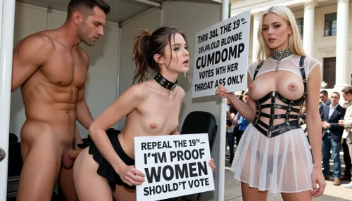 (1_man, 2_girls), extreme public gorean degradation at repeal the 19th protest booth, crowded daytime courthouse rally, tall dominant man brutally fucking the ass of a 19 year old rail-thin pale college girl from behind inside a protest booth, the girl has messy light-brown ponytail, freckled skin, flat chest, tiny pink nipples, heavy slave collar, tiny skirt flipped up, bent over holding her “REPEAL THE 19TH — I’M PROOF WOMEN SHOULDN’T VOTE” sign, wide innocent hazel doe eyes rolled back, drooling, pussy dripping, next to them stands a stunning 30 year old tall thin supermodel blonde head slave in a completely sheer see-through white micro dress that hides nothing, small perky 32B breasts and hard nipples fully visible, intricate black leather BDSM harness and straps peeking through the transparent fabric, heavy engraved steel collar, long silky blonde hair, elegant makeup, holding a large sign that reads “REPEAL THE 19TH — THIS 30 YEAR OLD BLONDE CUMDUMP VOTES WITH HER THROAT AND ASS ONLY”, standing proudly with legs slightly spread, hands behind her back, aroused expression as she watches her Master use the younger slave, bright daylight, detailed crowd watching, (public anal sex), (elegant degraded head slave on display), (sheer see-through clothing), (BDSM harness visible)