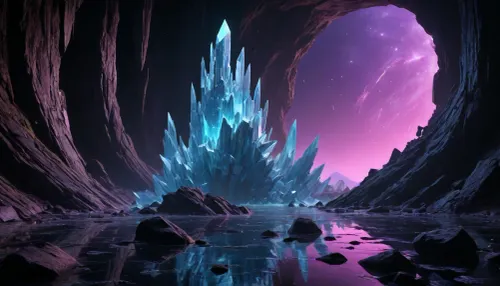 detailed depiction of fractured time and shimmering echoes of this otherworldly dimension. The scene is a chaotic jumble of massive crystalline shards and floating debris, all illuminated under a harsh UV blacklight. Every surface acts as a dark mirror, creating an infinite regression of glowing reflections and temporal afterimages. I hope this image provides a clearer sense of the complex and beautiful environment Kael navigated in our story.