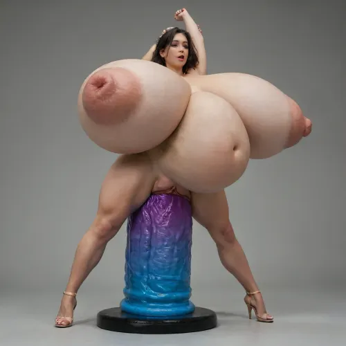 gorgeous woman, side view, super wide dildo, massive giant huge black dildo in pussy, massive dildo in pussy, dildo fucking, huge girth, (extreme hyper dildo:1.3), enormous dildo, balls deep, to the hilt, wet pussy, (absurd belly bulge:1.3), pussy stretch, (biggest hyper dildo possible:1.3), widest dildo ever, (super wide thick enormous gigantic impossibly huge dildo:1.3), huge gaping puffy swollen labia, impossibly wide vaginal penetration, (the dildo is stretching her pussy and stomach wider than her body:1.3), enormous gigantic huge breasts, (giant puffy nipples:1.3), (her body is stretched like a condom around the colossal dildo:1.3)