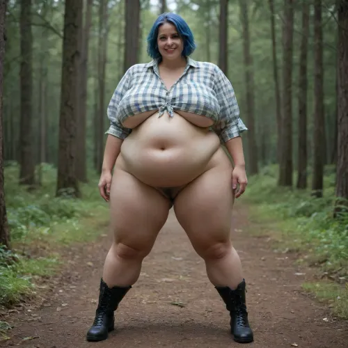 (Photo of a white BBW pornstar, (white skin, smiling, green gray eyes, (detailed eyes), huge natural boobs, (no scars on boobs), round belly, huge fat ass, (long legs:1.2), (big belly:.8), blue hair, french plait, shaved pubic hair, (huge ass:.9), (gigantic sagging floppy breasts:1)), in hicking boots, standing legs wide in a sunny pine forest, red checkered shirt, tits out, brown bear in the background)