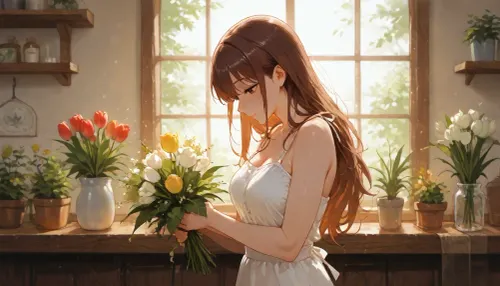 Create a watercolor painting of a young florist woman with long, wavy brown hair, working as a florist in a cozy tulip shop. She has a slender build and is wearing a tight provocative summer dress. She is leaning over a wooden workbench, focused intently on arranging a beautiful, large bouquet of fresh tulips. Her expression is filled with joy and professional as her hands carefully place a stem into the arrangement, which features red and white tulips and various sprigs of greenery. The background is filled with blurred shelves stocked with assorted tulip arrangements. The lighting is soft, warm, and natural, emanating from the right side, highlighting the texture of the flowers and the subject's face. The overall composition captures a peaceful, romantic moment in a small business setting. Watercolor, oil, and, watercolor, painting, <lora:oil_and_watercolor_painting:.8>