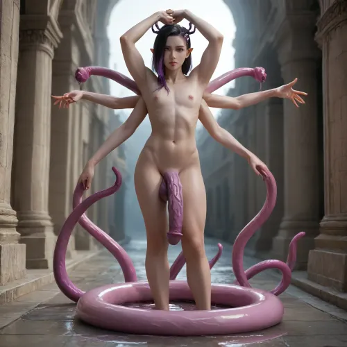 elf twink, purple skin, bone spikes growing out of skin, glowing eyes, purple eyes, dark purple penis, huge penis, full body, horse dick, black sclera, muscular, muscular femboy, side shave, black hair, purple highlights, towering tall femboy, textured penis, mysterious purple haze, penis tentacles, erect penis, standing in a puddle of purple goo, tentacles growing out of the purple goo, reaching out to viewer with one hand, tentacles stretching towards viewer, they are about to fuck every hole in the viewers body, they will fuck viewer to the point his holes are permanently stretched, covered in slime, tentacles coiling around arms and legs, ancient mysterious temple, weird mutations in body, (too long arms, deformed patches of skin, small tentacle in hair, 6 arms), arms open welcoming you into the corruption, soft loving expression, motherly expression, <lora:TwinksAnatomyXL_v1.0:.8>