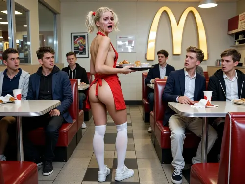 This image depicts a surreal and unsettling scene inside a fast-food restaurant where a distressed young waitress carries the dishes she ordered on a tray, in a red apron is surrounded by several men sitting at tables. In the center of the frame stands a young blonde woman with her hair in short pigtails. She is wearing a red apron over her back, white thigh-high socks, and sneakers. She is crying with her mouth open and appears to be in pain or emotional distress, tear-stained face, flowing tears, leaking mascara. Surrounding her at various tables are several young men, all dressed in casual, modern attire like blazers, hoodies, and collared shirts. Their expressions range from indifference and casual conversation to looking toward the center of the room. The setting is clearly a McDonald's restaurant, identifiable by the large, illuminated golden arches logo on the wall in the background. The furniture consists of classic red vinyl booth seating and laminate tables, some of which have paper cups and food packaging on them. The floor is tiled, and the interior lighting is bright and typical of a fast-food chain. The mood of the image is bizarre, jarring, and highly uncomfortable. The contrast between the mundane, everyday setting of a fast-food restaurant and the distressed, exposed nature of the woman creates a surreal and nonsensical narrative. The scene feels disjointed, as if taken from a dream or a highly stylized piece of avant-garde media, eliciting a sense of unease and confusion due to the lack of clear context for the characters' interactions or the woman's condition, (McDonald's uniform apron tied loosely at the waist, covering front only, Knee-high stockings, (No other clothing:1.5), shoes, (the girl is little, small, thin, fragile:1.8), bare ass:1.6), waiting for whipping, flogged bare ass, (Photorealistic:1.9), masterpiece, full view, (ruined makeup, Screaming in pain, Fear, despair, crying:2), very sad, perfect lighting, incredible detail, cinematic atmosphere, she looks back over her shoulder, blond, (very little young whore:2.2), skinny, short pigtails, (unusually young:2.5), expression, satisfied onlookers laughing in the background, (the image especially emphasizes the smallness of the girl:2)