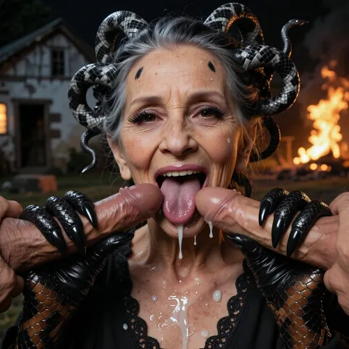 4k, ultra high resolution, face of an elderly looking 80 years old beautiful persian granny with a, (black grey pattern), reptile skinned head like a snake is licking 2 short and veiny cocks, (one very dark brown penis, one pale penis), in front of her from 2 men, granny holds the cocks horizontally with both hands, licking the tips of the cumdripping cocks with her long black snake tongue, (much cum on snake tongue and cumdripping), black and brown reptile skinned hands, very long black fingernails, granny looking to viewer, smiling very horny and showing teeth, cumcovered reptile skinned face, reptile skinned neck with many white cumspots, granny with ultra high detailed reptile skinned face, dark eyelids, long black eyelashes, big black lips, medusa-like hairstyle, (black with little snakes), background old farm at night, firestorm