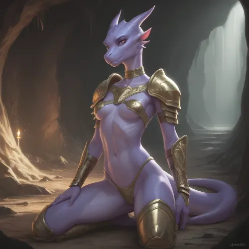 Scalie, dragoness, purple body, curvy, skinny, Armour, skimpy, cave