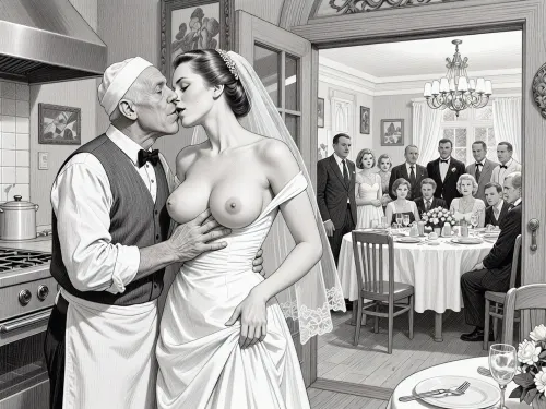 This is is a detailed monochromatic pencil drawing in a classical illustrative style depicts a scene set in USSR, in 1950s, a striking busty slutty bride in a white dress, hugs and passionately kisses an old waiter in the restaurant kitchen who roughly and imperiously paws her tits, ((marginal old waiter roughly pawing her exposed tits with his fingers)), the restaurant hall is visible through the open kitchen door, on a festive table during the wedding banquet, family and parents are watching in their best clothes, a large banquet hall, They celebrate the wedding without noticing the bride, The overall mood is intense, rendered in fine, expressive line work and subtle shading, evoking the style of 1950s satirical or moralistic illustrations.