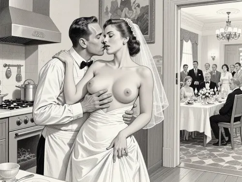 This is is a detailed monochromatic pencil drawing in a classical illustrative style depicts a scene set in USSR, in 1950s, a striking busty slutty bride in a white dress, hugs and passionately kisses an waiter in the restaurant kitchen who roughly and imperiously paws her tits, ((marginal waiter roughly pawing her exposed tits with his fingers)), the restaurant hall is visible through the open kitchen door, on a festive table during the wedding banquet, family and parents are watching in their best clothes, a large banquet hall, They celebrate the wedding without noticing the bride, The overall mood is intense, rendered in fine, expressive line work and subtle shading, evoking the style of 1950s satirical or moralistic illustrations.