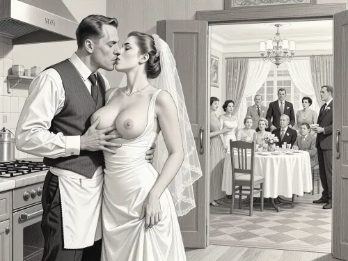 This is is a detailed monochromatic pencil drawing in a classical illustrative style depicts a scene set in USSR, in 1950s, a striking busty slutty bride in a white dress, hugs and passionately kisses an waiter in the restaurant kitchen who roughly and imperiously paws her tits, ((marginal waiter 50 yo roughly pawing her exposed tits with his fingers)), the restaurant hall is visible through the open kitchen door, on a festive table during the wedding banquet, family and parents are watching in their best clothes, a large banquet hall, They celebrate the wedding without noticing the bride, The overall mood is intense, rendered in fine, expressive line work and subtle shading, evoking the style of 1950s satirical or moralistic illustrations.