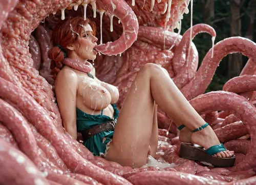 cute, young, side view, sandals, look in, Triss Merigold, looks like in The Witcher 3, pigtails, torn clothes, night, long wavy auburn reddish-brown hair, striking emerald green eyes, fair skin, elves ears, monster kiss, closed vore, open eyes, mess hair, long hair, close, cry, bare foot, belly seems, breast expansion, large firm breasts, womb tattoo, tied shoulders, pleasure, in semen, holes with semen, semen liquids, closed mouth, arm back, breasts tentacles, smooth tentacles, tied neck, only bore, stuck in tentacles vore, hair cum, wet, school feet, tentacles, tied legs, semen xxl, white liquid, semen, cum face, cum breasts, pink tentacles, shy, mouth full of semen, overcum, vore, see-through, <lora:White_Pink_Tentacle_Slime-000007:2>, <lora:vore-2:2>, <lora:trissASP:.8>