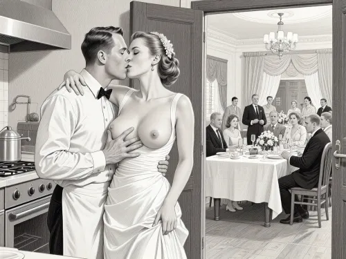 This is is a detailed monochromatic pencil drawing in a classical illustrative style depicts a scene set in USSR, in 1950s, a striking busty slutty bride in a white dress, hugs and passionately kisses an waiter in the restaurant kitchen who roughly and imperiously paws her tits, ((marginal waiter roughly pawing her exposed tits with his fingers)), the restaurant hall is visible through the open kitchen door, on a festive table during the wedding banquet, family and parents are watching in their best clothes, a large banquet hall, They celebrate the wedding without noticing the bride, The overall mood is intense, rendered in fine, expressive line work and subtle shading, evoking the style of 1950s satirical or moralistic illustrations.