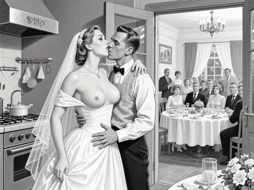 This is is a detailed monochromatic pencil drawing in a classical illustrative style depicts a scene set in USSR, in 1950s, a striking busty slutty bride in a white dress, hugs and passionately kisses an waiter in the restaurant kitchen who roughly and imperiously paws her tits, ((marginal waiter roughly pawing her exposed tits with his fingers)), the restaurant hall is visible through the open kitchen door, on a festive table during the wedding banquet, family and parents are watching in their best clothes, a large banquet hall, They celebrate the wedding without noticing the bride, The overall mood is intense, rendered in fine, expressive line work and subtle shading, evoking the style of 1950s satirical or moralistic illustrations.
