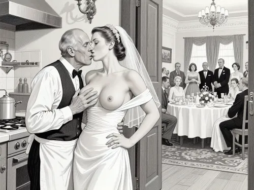 This is is a detailed monochromatic pencil drawing in a classical illustrative style depicts a scene set in USSR, in 1950s, a striking busty slutty bride in a white dress, hugs and passionately kisses an old waiter in the restaurant kitchen who roughly and imperiously paws her tits, ((marginal old waiter roughly pawing her exposed tits with his fingers)), the restaurant hall is visible through the open kitchen door, on a festive table during the wedding banquet, family and parents are watching in their best clothes, a large banquet hall, They celebrate the wedding without noticing the bride, The overall mood is intense, rendered in fine, expressive line work and subtle shading, evoking the style of 1950s satirical or moralistic illustrations.