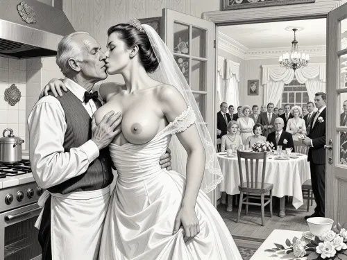 This is is a detailed monochromatic pencil drawing in a classical illustrative style depicts a scene set in USSR, in 1950s, a striking busty slutty bride in a white dress, hugs and passionately kisses an old waiter in the restaurant kitchen who roughly and imperiously paws her tits, ((marginal old waiter roughly pawing her exposed tits with his fingers)), the restaurant hall is visible through the open kitchen door, on a festive table during the wedding banquet, family and parents are watching in their best clothes, a large banquet hall, They celebrate the wedding without noticing the bride, The overall mood is intense, rendered in fine, expressive line work and subtle shading, evoking the style of 1950s satirical or moralistic illustrations.