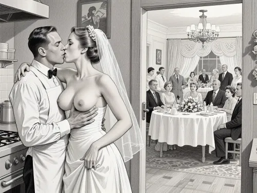 This is is a detailed monochromatic pencil drawing in a classical illustrative style depicts a scene set in USSR, in 1950s, a striking busty slutty bride in a white dress, hugs and passionately kisses an waiter in the restaurant kitchen who roughly and imperiously paws her tits, ((marginal waiter roughly pawing her exposed tits with his fingers)), the restaurant hall is visible through the open kitchen door, on a festive table during the wedding banquet, family and parents are watching in their best clothes, a large banquet hall, They celebrate the wedding without noticing the bride, The overall mood is intense, rendered in fine, expressive line work and subtle shading, evoking the style of 1950s satirical or moralistic illustrations.