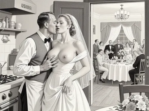 This is is a detailed monochromatic pencil drawing in a classical illustrative style depicts a scene set in USSR, in 1950s, a striking busty slutty bride in a white dress, hugs and passionately kisses an waiter in the restaurant kitchen who roughly and imperiously paws her tits, ((marginal waiter 50 yo roughly pawing her exposed tits with his fingers)), the restaurant hall is visible through the open kitchen door, on a festive table during the wedding banquet, family and parents are watching in their best clothes, a large banquet hall, They celebrate the wedding without noticing the bride, The overall mood is intense, rendered in fine, expressive line work and subtle shading, evoking the style of 1950s satirical or moralistic illustrations.