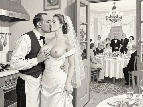 This is is a detailed monochromatic pencil drawing in a classical illustrative style depicts a scene set in USSR, in 1950s, a striking busty slutty bride in a white dress, hugs and passionately kisses an waiter in the restaurant kitchen who roughly and imperiously paws her tits, ((marginal waiter 50 yo roughly pawing her exposed tits with his fingers)), the restaurant hall is visible through the open kitchen door, on a festive table during the wedding banquet, family and parents are watching in their best clothes, a large banquet hall, They celebrate the wedding without noticing the bride, The overall mood is intense, rendered in fine, expressive line work and subtle shading, evoking the style of 1950s satirical or moralistic illustrations.