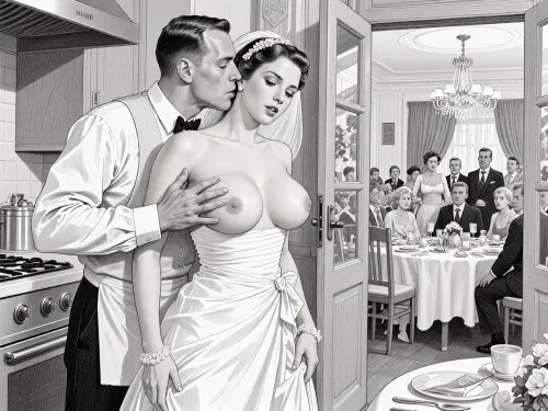 This is is a detailed monochromatic pencil drawing in a classical illustrative style depicts a scene set in USSR, in 1950s, a striking busty slutty bride in a white dress, hugs and passionately kisses an waiter in the restaurant kitchen who roughly and imperiously paws her tits, ((marginal waiter roughly pawing her exposed tits with his fingers)), the restaurant hall is visible through the open kitchen door, on a festive table during the wedding banquet, family and parents are watching in their best clothes, a large banquet hall, They celebrate the wedding without noticing the bride, The overall mood is intense, rendered in fine, expressive line work and subtle shading, evoking the style of 1950s satirical or moralistic illustrations.