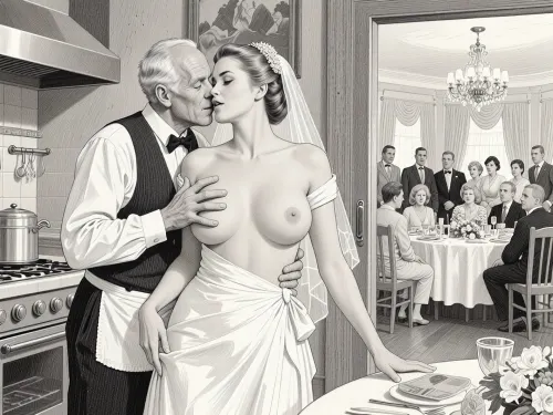 This is is a detailed monochromatic pencil drawing in a classical illustrative style depicts a scene set in USSR, in 1950s, a striking busty slutty bride in a white dress, hugs and passionately kisses an old waiter in the restaurant kitchen who roughly and imperiously paws her tits, ((marginal old waiter roughly pawing her exposed tits with his fingers)), the restaurant hall is visible through the open kitchen door, on a festive table during the wedding banquet, family and parents are watching in their best clothes, a large banquet hall, They celebrate the wedding without noticing the bride, The overall mood is intense, rendered in fine, expressive line work and subtle shading, evoking the style of 1950s satirical or moralistic illustrations.