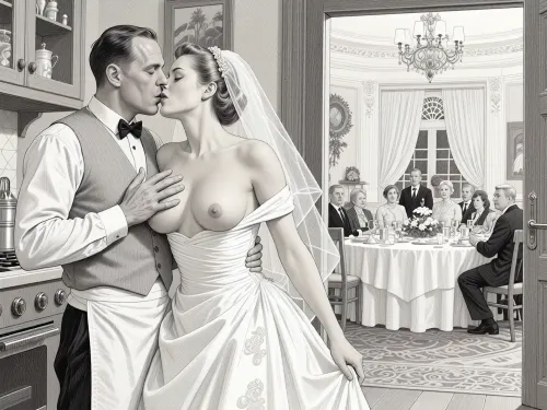 This is is a detailed monochromatic pencil drawing in a classical illustrative style depicts a scene set in USSR, in 1950s, a striking busty slutty bride in a white dress, hugs and passionately kisses an waiter in the restaurant kitchen who roughly and imperiously paws her tits, ((marginal waiter 50 yo roughly pawing her exposed tits with his fingers)), the restaurant hall is visible through the open kitchen door, on a festive table during the wedding banquet, family and parents are watching in their best clothes, a large banquet hall, They celebrate the wedding without noticing the bride, The overall mood is intense, rendered in fine, expressive line work and subtle shading, evoking the style of 1950s satirical or moralistic illustrations.