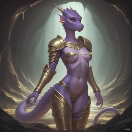 Scalie, dragoness, purple body, curvy, skinny, Armour, skimpy, cave