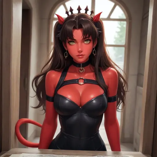 rin tohsaka from fate zero dross style reiq meets, (8k quality, high definition, masterpiece, furry, best quality:1.5), masterpiece, best quality, short demon horns, long devil tail, long eyelash, female demon, (red skin), detailed fur, detailed face, detailed eyes, (slit pupils, yellow eyes), seductive smile, (whide hips), very thick tight, massive breast, tight croptop, seductive, stunningly beautiful, glamour render, warm atmosphere, inflated chest, breast overflow, breast bigger than head, exaggerated breast size, impossibly large, exaggerated curves, impossibly large breast, biggest boobs ever, (((TOO TIGHT TOP))), (TORN CLOTHES), 8k uhd, highly detailed body, (realistic), insanely detailed, highest quality, stuck in a door frame, <lora:bottomheavy_v1_sdxl_tags:.8>, deep red skin, karlach, demon, <lora:Karlach__Baldurs_Gate_3:.5>