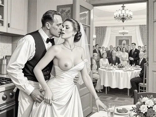 This is is a detailed monochromatic pencil drawing in a classical illustrative style depicts a scene set in USSR, in 1950s, a striking busty slutty bride in a white dress, hugs and passionately kisses an waiter in the restaurant kitchen who roughly and imperiously paws her tits, ((marginal waiter 50 yo roughly pawing her exposed tits with his fingers)), the restaurant hall is visible through the open kitchen door, on a festive table during the wedding banquet, family and parents are watching in their best clothes, a large banquet hall, They celebrate the wedding without noticing the bride, The overall mood is intense, rendered in fine, expressive line work and subtle shading, evoking the style of 1950s satirical or moralistic illustrations.