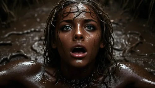 Ultra realistic photo, exhausted young African beauty, flat athletic body, very beautiful, very angry face, wide open eyes, very dark tan, many tentacles fucking attack, open testicles, wide open mouth, head up, deep blood scars, (very close-up view from below:1.9), (reclining deep inside very deep mud, body covered in many mud, loincloth covered in many mud, tentacles gang bang, many very big tentacles plants with many big leaves wrapped very tightly around neck, strangle neck tightly, many stinger roots with leaves, assimilation:1.3), short dirty very messy hair on face, <lora:MJ52:2>, <lora:attractive_notrigger:.3>, <lora:dark:.1>, very deep inside mud, <lora:MJ52:.8>, <lora:uberfit_lora_sdxl:.3>