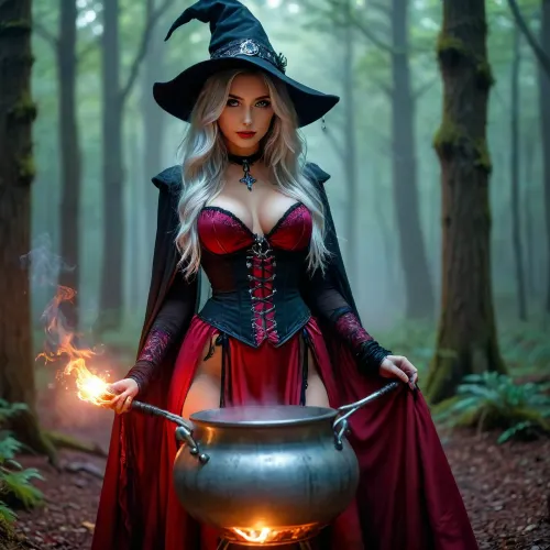 Wizard School, Neon punk style, 30 year old witch. Sensual seductress. Standing behind a cauldron in a dark and foggy enchanted forrest. Extreme fantasy forrest, mystical. She is wearing a sexy red satin corset dress, black wizard cloak, black pointed wizard hat, beautiful seductive eyes, long silver hair, <lora:attractive_notrigger:1.5>, <lora:BUT_SDXL_SHS:.9>, <lora:RMSDXL_Darkness_Cinema:.1>, <lora:Vivid Midjourney mimic - XL SDXL v2.0:1.5>, <lora:WildcardX-XL-Detail-Enhancer:1.6>