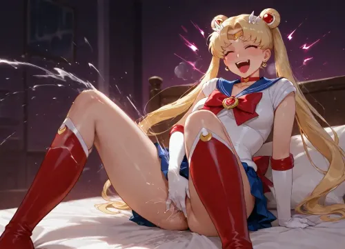 (anime), (best quality), (sailor moon), white over-knee boots, costume, no panties, on bed, masturbating, drooling, screaming, happy, smiling, (squirting magic sparks)