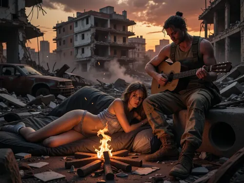 A post-apocalyptic, ruined city at twilight, a sunset sky, clouds, smoke, and dust. The ruins of high-rise buildings, collapsed concrete slabs, protruding rebar, and the rusted body of a car. In the foreground is a small bonfire made of planks, its bright, warm flames casting an orange glow over everything around it. A young woman lies on her side on a sleeping bag, wearing a short tank top and panties, her body is slightly arched, propped up on her elbows, her hair is disheveled, and her gaze is calm and weary. Next to her, sitting on a piece of concrete debris, is a young man in worn military pants and an army T-shirt, he is playing an acoustic guitar, his head tilted slightly. Between them lies a close, intimate space. An atmosphere of survival, warmth, and quiet intimacy amid the ruins. Cinematic lighting, high detail, realistic textures, depth of field, evening lighting, post-apocalyptic realism, a masterpiece, top quality, ultra-detailed image