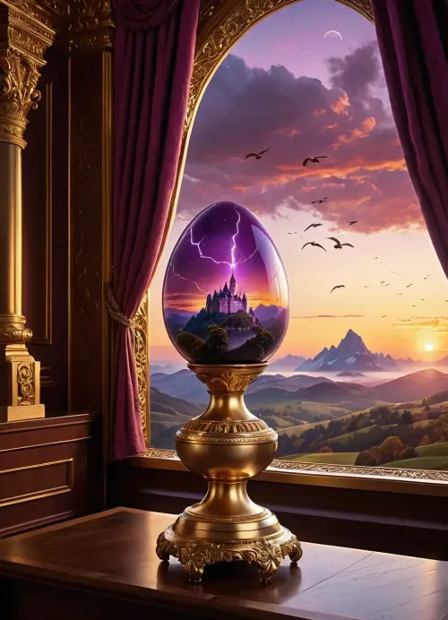 A magnificent faberge egg. Inside the eggshell is a magnificent mountain magenta sunset portrait with a flock of birds and a castle in the distance. The outside of the eggshell is shiny, glossy, obsidian black, with violet and emerald coloured lightning strikes running through and around the egg. the Faberge egg is on display on a gold podium, in a lavishly decorated showroom. With soft lights illuminating it. Utilising the best CGI rendering available. With impeccable attention to micro-detail and macro-detail. High detail, high sharpness. Golden hour. A world-class masterpiece artwork of meticulous exactitude., low-angle and wide angle shots. Neon Colour grading, fantasy matte painting, absolute masterpiece, detailed matte painting in the style of andreas rocha and greg rutkowski, in the style of Brothers Hildebrandt, superb composition, vivid fantasy art, breathtaking fantasy masterpiece. It's an absolute world-class masterpiece artwork. It's an aesthetically pleasing artwork with impeccable attention to detail and impressive composition.