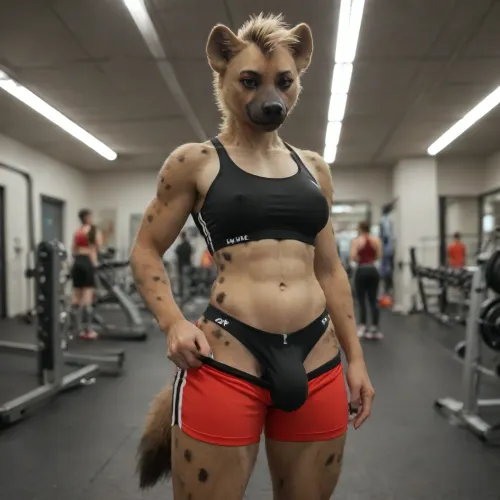 (Furry, hyena, gynomorph), gym clothes, cock outline, public, furries