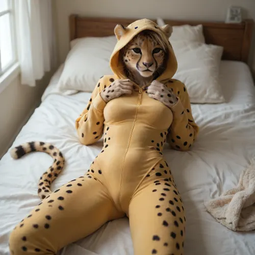 Furry, cheetah, on bed, onesie, petite. Curvy Bodysuit