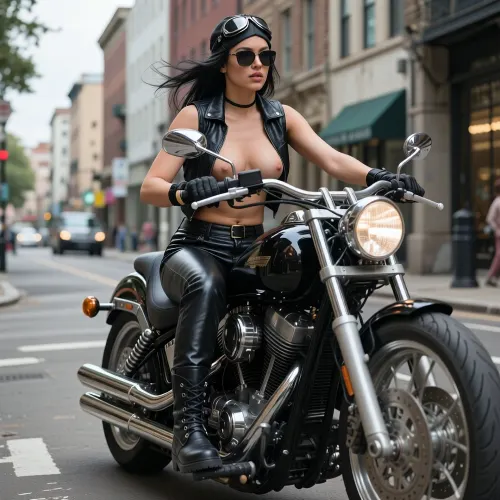 third person view. City street. Biker girl driving huge chopper., (Object in motion), Leather trousers, pilot sunglasses, black leather vest, big boobs, black heavy boots. Woman's black hair flutters in the wind.