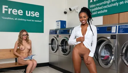 In a laundromat, washing machines stand side by side against a wall., (a young sporty beautyful african stands in front of an open washing machine, She unbuttons her white blouse. Clothes can be seen in the washing machine. her black hair is worn in Dreadlocks with beads woven in, her perfect shavec vagina is visible, She smiles flirty at the camera.), (on the left side of the image, a nerdy naked woman sits on a wooden bench with a backrest, relaxed and leaning back, reading a paperback, she has long wavy blond hair, glasses, dreamy smile, big tits), A big fully visible green sign on the left wall reads "Free use" "Condition, all clothing must be washed."

On the back wall is a second big fully visible green sign that reads "Video recordings will be published exclusively on our paid website."

Three surveillance cameras aimed at the women can be seen.
white floor tiles, white-painted walls