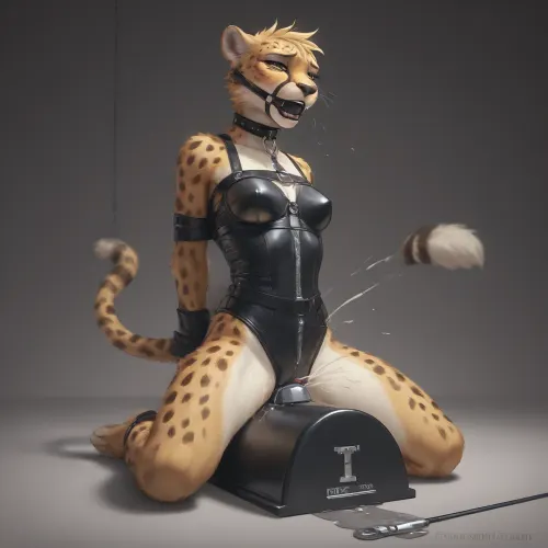 (Furry, cheetah, girl, fluffy, fluffy fur), bound, leather binding, bdsm, tied up, gaged, ball gagriding sybian cumming, orgasm, orgasm_denial, sitting, desperat