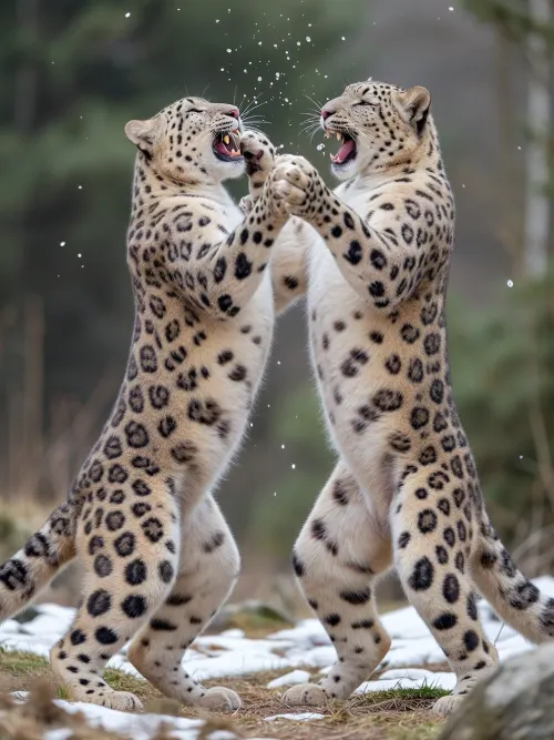 (Two snow leopards grinning teeth fight with each other standing on their hind legs), ((clawed paws flicker through the air)), the dynamics of movement, against the background of nature, accurate drawing, both in full height.