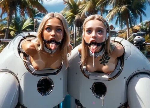 outdoors, (paradise island street:1.3), (side POV view:1.1), (row of many girls:1.5), (narrow innocent looking face:1.5), (light very white high-tech sci-fi bdsm machine:1.7), ((white machine up to height of breast:1.8)), (young beautiful petite woman:1.7), (((girl is stuck leaning forward in a small horizontal hole with bdsm light machine:1.6))), ((lower body hidden to breasts into small horizontal machine:1.7)), (arms behind in machine:1.7), (((stuck from small horizontal rim machine:1.6))), ((electronic mouth spreader ring gag:1.7)), (very wide open mouth:1.6), ((model cutie:1.8)), (perfect:1.5), (slender fit skinny:1.6), (small thin waist:1.3), (tattooed wide shoulders:1.4), (clear narrow detailed perfect dark eyes:1.6), (looks up:1.3), (perfect lips), ((very long wide smooth light white tongue out down:1.7)), ((round tongue's end:1.6)), (piercing on center of tongue:1.3), (cum flows out from mouth:1.7), (cum on face:1.3), (light massive very oversized electronic collar device around very short throat:1.6), (blonde smooth silky long hair:1.5), (firm perky implanted medium breasts:1.5), (her boobs is spread apart:1.6), (tan fair very oiled skin:1.6), (very beautiful perfect face:1.7), thin beautiful eyebrows, (very gorgeous:1.5), (sexy:1.4), (nipple ring piercings:1.4), (satisfied:1.6), (tattoo:1.3), (seductive sexy makeup:1.5), (long black eyelashes:1.4), lipstick, (stunning:1.3), (dimples on cheeks:1.4), (paradise island:1.3), (palm trees:1.2), (bright day:1.5), (masterpiece:1.1), <lora:skinny11:.5>, <lora:Microwaist_XL_v01:1.5>