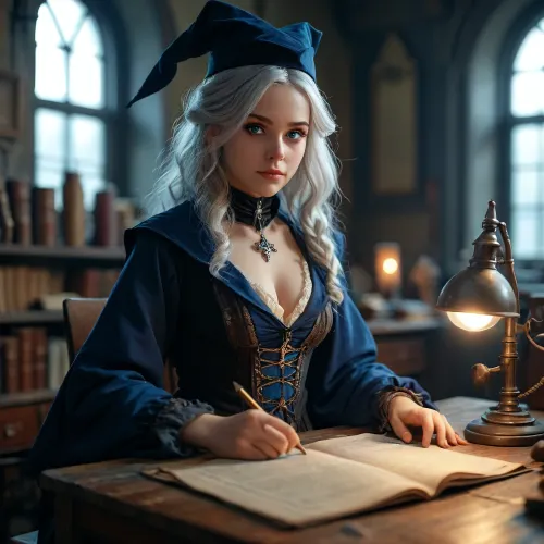 (warm ambient light:.5), (shadows:.4), 8k, best quality, (masterpiece), (intricate details), 1 42 year old girl, sitting at a desk in an old laboratory, full body view, silver hair, perfect eyes, perfect face, perfect lighting, beautiful, high detail, octane render, detailed eyes, (full-body shot), (sexy female wizard teacher), holding a small wizard wand, black wizard hat, black wizard school uniform, black wizard cloak, boots, black eyeliner, deep cleavage, firm breasts, athletic body, silver necklace, no panties, JS_ShortSkirt, bright, blue, eyes, <lora:MJ52:.8>, <lora:Portrait_perfection:.8>, <lora:bright_blue_eyes:.8>