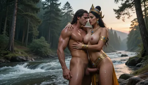 Cinematic Vedic fantasy, 8k. A regal Rakshasi Woman in a dominant embrace with a muscular Kshatriya Man ascetic in a deep european pine forest. nude massive breasts, thick thighs, deep realistic penetration, orgasim expressions, She wears ornate temple jewelry with gold-Kamarbandh. dawn hour, massive river flow, river side, sweat, and intense physical tension. Full body View.