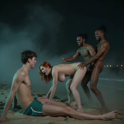 Fantasy setting, cgi Render with imperfections saturated dark green colors Style, The scenario is enveloped in the deepest darkness imaginable, filled with thick, swirling steam and dust that obscures every surface, The air is heavy and thick, and no ray of light penetrates the suffocating haze, night on beach, All skin texture vanishes in the darkness, no light touches the skin. The individuals can be made out only as vague shapes in the dark A pale young man, 20 years old, wears green swim shorts, from England forced to share his red-haired wife, For him, it is a deeply humiliating feeling to watch his wife’s intense, unbridled lust with the two strangers, he sits clearly apart in the sand, watching his wife from a distance, his overweight wife, 18 years old, with two masculine men from the Caribbean, his wife is being fucked hard by two Caribbean men, a dream comes true for the skinny slim young woman as she screams out in pleasure and bliss, The slim woman enjoys the masculine dominance of the Caribbean men and laughs towards her husband, the Caribbean men fuck the very overweight fat woman from behind, without mercy, all her body is fat, her fat ass, and her boobs bounce back and forth with every one of his thrusts, she moans from pleasure, she orgasming and breathing heavily, he's thrusting his hip deep and fast, hyper fast rhythmic motion, her breasts jiggle, blue-grey eyes, (massive natural soft tits:2), deep brown tan, enhanced tan lines, pale breasts, gigantomastia, macromastia, gigantic breasts, enormous breast, ultra large breasts, impossibly large breasts, brown hair in a messy updo with bangs, womans moans muffled, muffled moans, As he fucks her harder and faster, She rolls her eyes back and groans long, she is orgasming. man continues to fuck her faster and faster relentlessly