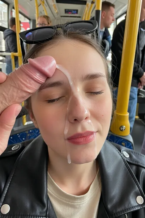 The image shows a close-up of a young woman with her eyes closed, sitting on a public transportation vehicle. She is wearing a black leather jacket over a beige T-shirt, and she has dark-tinted sunglasses with a black frame on her head, which are tilted to the top of her head. The woman's face appears to be relaxed, with her lips slightly parted.To the left of the woman's face, there is a naked male sexual organ that is being held by a hand. A portion of seminal fluid is dripping onto the woman's forehead and the bridge of her nose, and it is flowing down the center of her face, passing by her nose and lips. In the background, you can see other passengers standing in the vehicle. On the right, there is a bright yellow vertical handrail that one of the passengers is holding on to. The setting resembles the interior of a city bus or tram, with distinctive seats and handrails. The lighting in the vehicle is daytime and evenly distributed. Cum on tits, cum in mouth