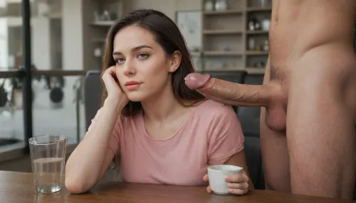 public cafe background, many nude people, Bust Shot, 2 People, sylphlike and shy but sexy woman in plain orange t-shirt is sitting at the table with polished reflective surface, she holds in her hand drinking glass half filled with coffee, man opposite to the woman over the table is masturbating his big penis with his hand ejaculating big load of sperm into her drinking glass, she smiles watching at his cozy big penis, (the tip of man's big penis is located directly above her drinking glass and his sperm flows directly down into the soy sauce:1.4), (only one man's big penis is in frame:1.3), only one man and only one woman are in frame, only one drinking glass is in frame, woman's face is in frame, man's face is not in frame, (sperm from man's big penis flows down into the drinking glass with coffee:1.4), reflections in the polished table HD, cinematic, professional photo, ultra detailed, photorealistic, realistic anatomy.