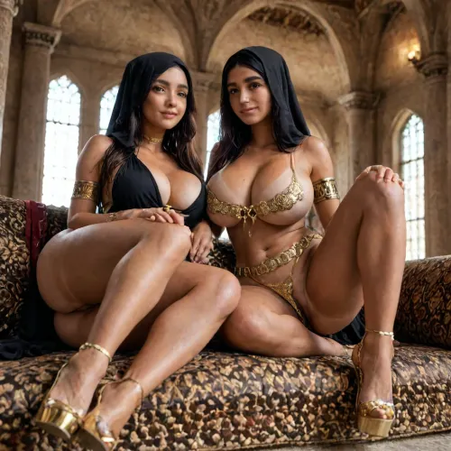 (2 women, 1 man), (two arabian women are sitting on an expensive sofa, cuddling, intense cuddling), inside a luxurious modern mansion, extremely straight hair, brown skin, black hair, brown eyes, (soaking wet), (black headscarf that is wrapped around the head that is covering the hair and neck while leaving the face visible, headscarf covers hair fully, hair is is not visible because it is under the headscarf, hair and neck covered by headscarf), ((black abaya in black color with deep cleavage and large leg cutouts, extremely tiny black loincloth)), coiled armlet, thick gold rings around the thighs, gold platform high heels, gold body jewelry, (huge golden slave collar, very broad golden waist belt), closeup, (very low angle), frontview, lustfull smile, lustfull gaze, looking directly at the viewer, voluptious, hairy pussy, (thick thighs), wide hips, (huge bulging ass), (huge natural bulging breasts), tanned skin, (tanlines:1.5), beautiful hair, oily skin, sweaty skin, wet skin, detailed hands, dark, <lora:polyhedron_photostudio-000005:.8>, <lora:192af1bb3d75bab622d76a8c8cf0a0b9:.8>, <lora:bombshell_v2:.8>, <lora:LCMTurboMix_Euler_A_fix:.8>