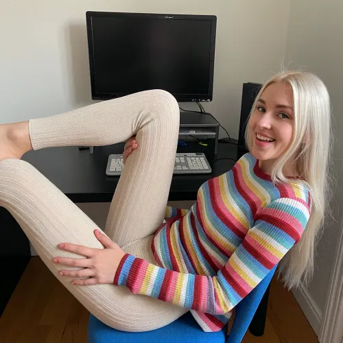 Home environment, German tall skinny 21yo woman, long straight whiteblonde hair, skinny, wearing colorful striped sweater, tight cream colored knitted leggings for sleeping, hand on leggings, ((sitting in blue chair in front of computer with her legs wide, one leg on desk, open legs towards camera)), touching thighs, smiling, eyes open, ahegao, side view, laying back, head back