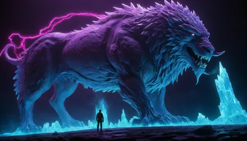 The tension is palpable as the neon-etched Chrono-Navigator stands his ground against the glowing, crystalline beast. The entire scene is bathed in that signature UV blacklight, highlighting the intricate patterns and the atmospheric haze of this fractured dimension. It's a true collision of the story's key elements.