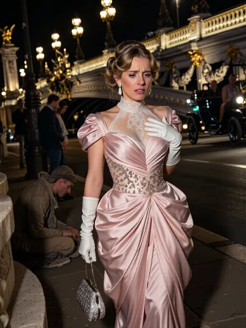It is Paris, 1910, the dying embers of La Belle Epoque. 20 yr old Clara is walking over the Pont Alexandre III, lit by glowing, incandescent Art Deco globes, Every detail of her ensemble had been chosen for tonight’s celebration. She wears a magnificent evening gown of pale rose silk chiffon, structured with an S-bend silhouette that accentuates her cinched waist. Intricate beadwork glints like dew under the gaslight, and a high lace collar frames her face. Her gloved hands, clad in spotless white kidskin, clutch a silver-gilt evening bag against her skirt. Clara is holding her hand to her chest, her own romantic disappointment completely forgotten as she connects with the beggar's pain. Her hair is coiffed into a perfect, voluminous Gibson Girl pompadour, untouched by the summer humidity. Her disappointment at being stood up, her beautiful face a picture of sadness, tears beginning to form in the corners of her eyes and run down her red flushed cheeks, hot with shame and embarrassment at the plight of the poor, as the wealthy elite pass by unbothered in open-top vintage Renault motorcars and horse-drawn carriages. Behind her we see a a poor, ragged beggar shivering in the shadows of a massive gilded statue.
Even the intricate carvings on the bridge, the sculpted sea nymphs and cherubs that decorate the massive single-arch steel span no longer fill her with joy. The magnificent Art Nouveau bridge glows with opulent golden candelabras and gilded Pegasus statues.

historical realism, 8k resolution, photorealistic, dramatic contrast